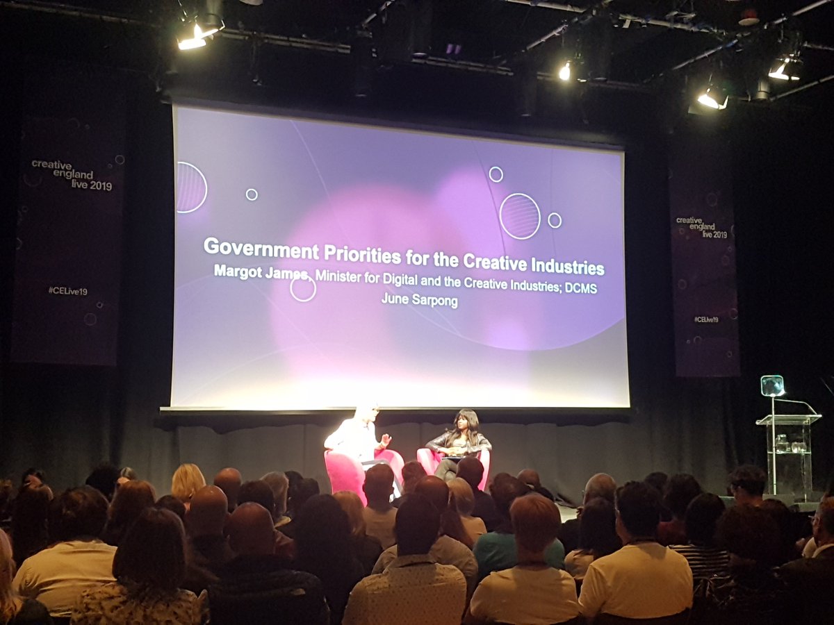 KateMayall's tweet photo. Fascinating to hear @margot_james_mp interviewed by @junesarpong about the creative industries at #CELive19 https://t.co/o9r4kmm7F4