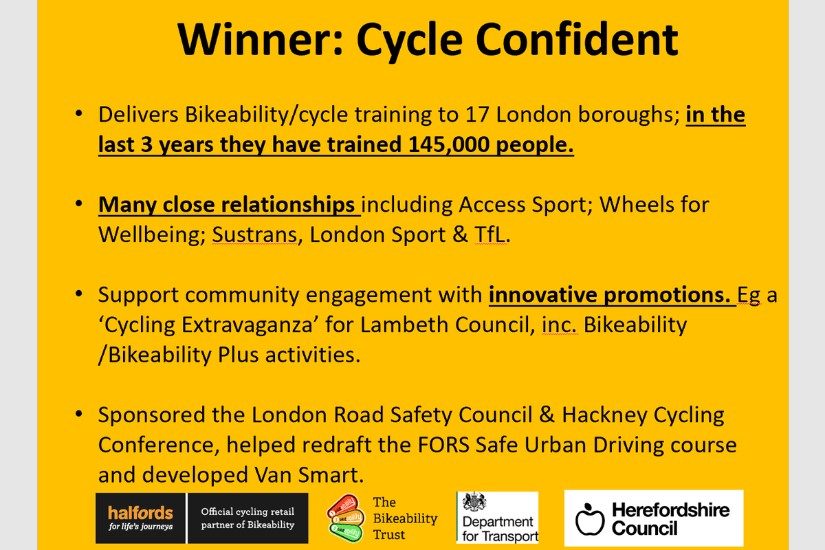 2019 Bikeability Awards
Well done to the Bikeability Provider of the year; Winner; Cycle Confident
@CycleConfident