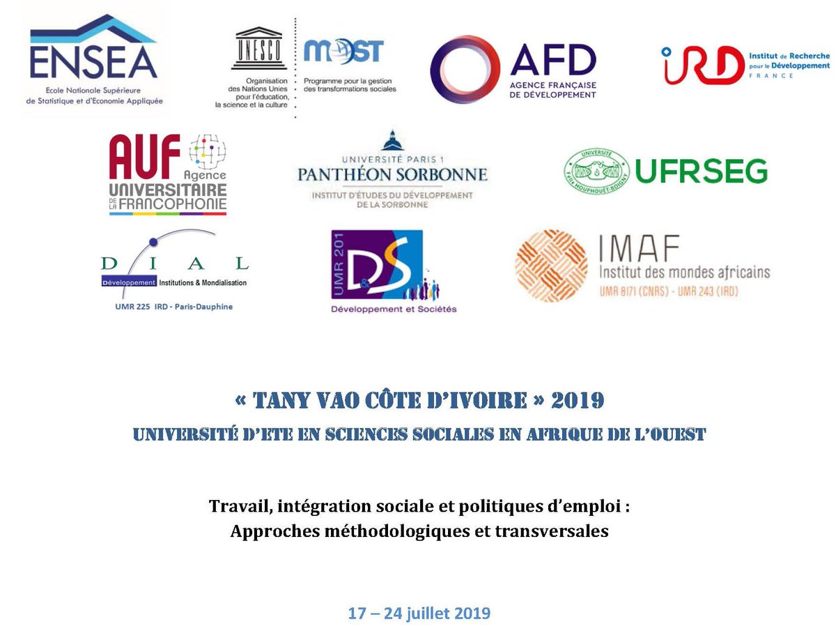 #Appelàcandidature pour l'Université D’ÉTÉ en Sciences Sociales EN AFRIQUE DE L’OUEST "Travail, intégration sociale et politiques d’emploi: Approches méthodologiques et transversales" du 17 – 24 juillet en #CotedIvoire :
dial.ird.fr/enseignement/f…
Deadline : 29 mai