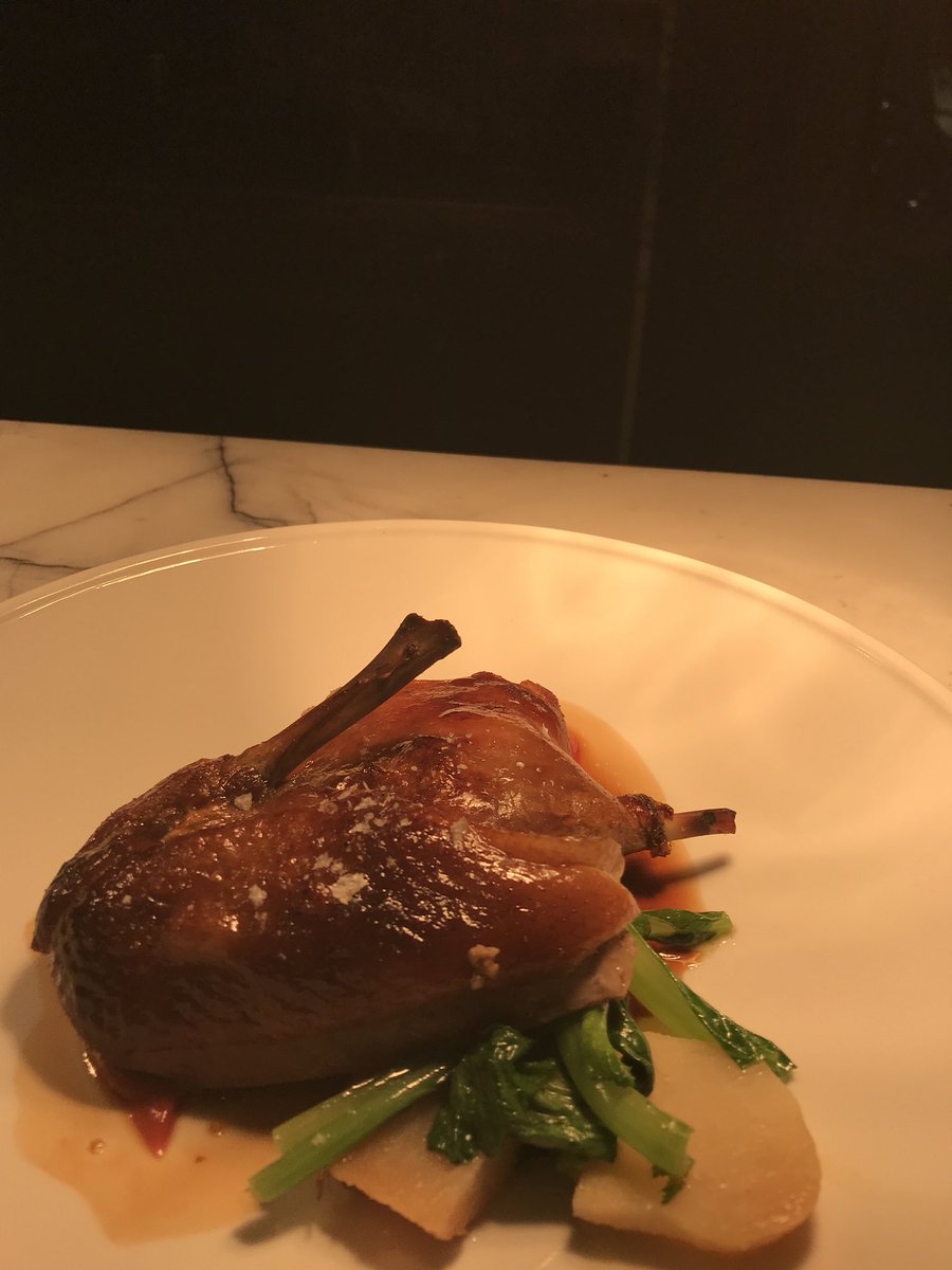 espositofood's tweet photo. This is a twice roasted duck with quince purée, mustard greens, salted yams and a duck reduction. https://t.co/F6xfb5GEeN
