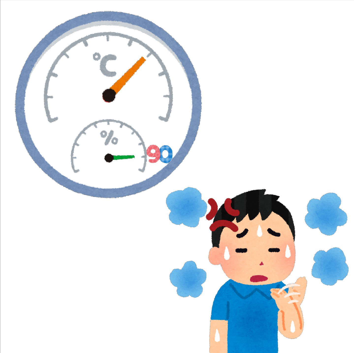 まいチクをいらすとやで再現 Dayukoume 再現難易度 使ったイラスト 7枚 温度計 湿度計のイラスト 時計のイラスト 長針 短針 数字 番号のイラスト文字 9 0 蒸し暑い様子のイラスト 漫符のイラスト 怒った血管 まいにちチクショー T Co