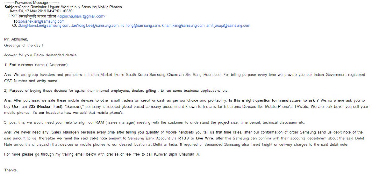 shrimaandeepak's tweet photo. @SamsungNewsIN @Samsung @samsungtomorrow  @SamsungNewsroom @LeeJaeYongCEO जी since 11th may 2019 till date a bulk buyer unable to get @SamsungMobileIN quotation.Looking for an prompt solution for mutual benefits. Email screenshots attached. #IndiaReadyAction #WorldSkills ✌️ 🇮🇳🇰🇷 https://t.co/54n8e9wBsR