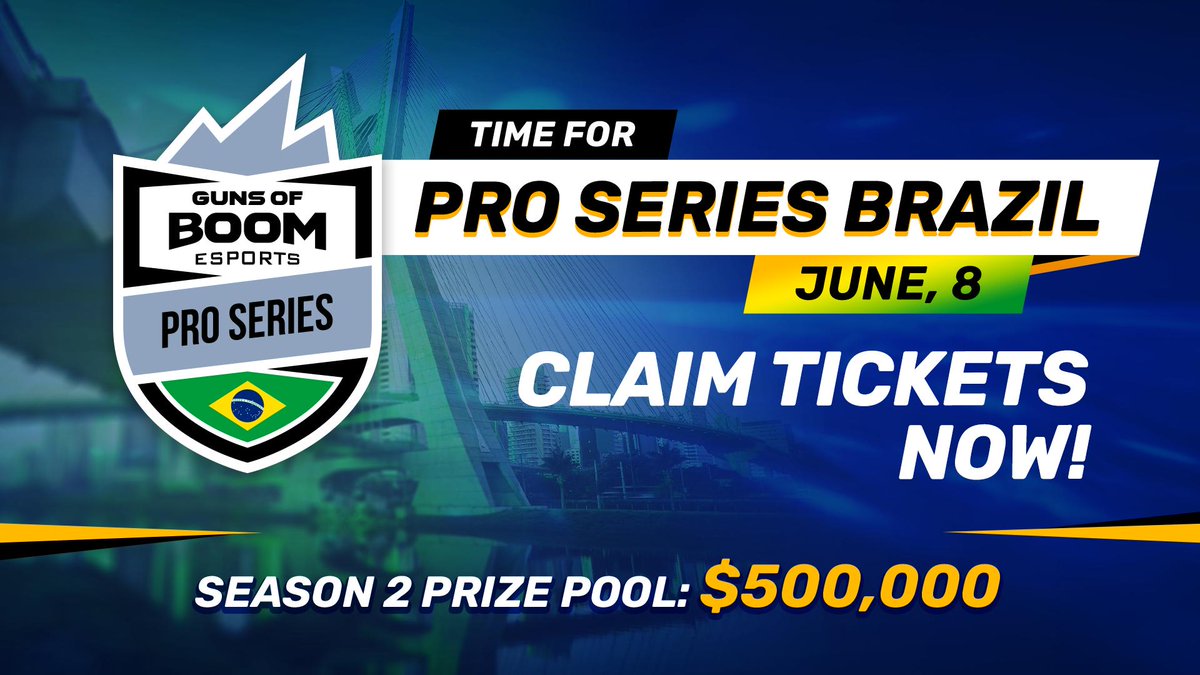 Last Chance! Claim your tickets to Pro Series Brazil! Only a few left! eventbrite.com.br/e/guns-of-boom……

Watch the best players fight for big money and a chance to move up to the Season 2 Finals. It takes place on June 8 in the BadBoy Leeroy Arena in São Paulo. #gobesports