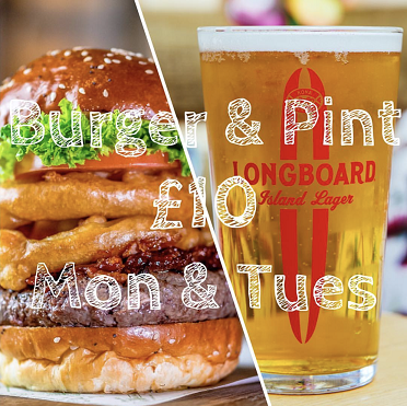 £10 Burger &amp; Pint is back!

Classic lava-grilled or cheese burger plus a pint of our signature Da Big Chief beer. 

Available every Monday or Tuesday at Kua 'Aina Carnaby.

Offer available for a limited time only (i.e. until we've forgotten about it...) so  drop by soon!