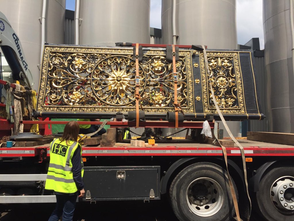 HallConserve's tweet photo. Here are some of the Warrington Golden Gates beginning their journey home.  #heritage #restoration #conservation #gates #warrington #warringtongoldengates #hallconservation #ironwork #blacksmithing #ukblacksmithing https://t.co/NZnVnAMj1d