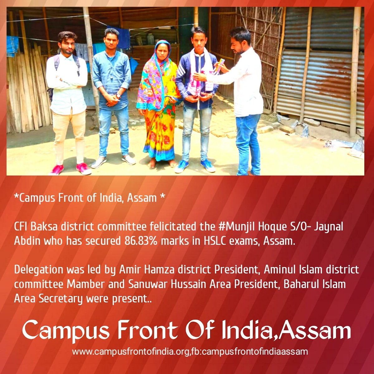AssamFront's tweet photo. #Campus_Front_of_India,#Assam
CFI Baksa district committee felicitated the #Munjil Hoque S/O- Jaynal Abdin who has secured 86.83% marks in HSLC exams,Assam.Delegation was led by Amir Hamza district President,Aminul Islam district committee Mamber and Sanuwar Hussain were present. https://t.co/jIJdAiSwBK