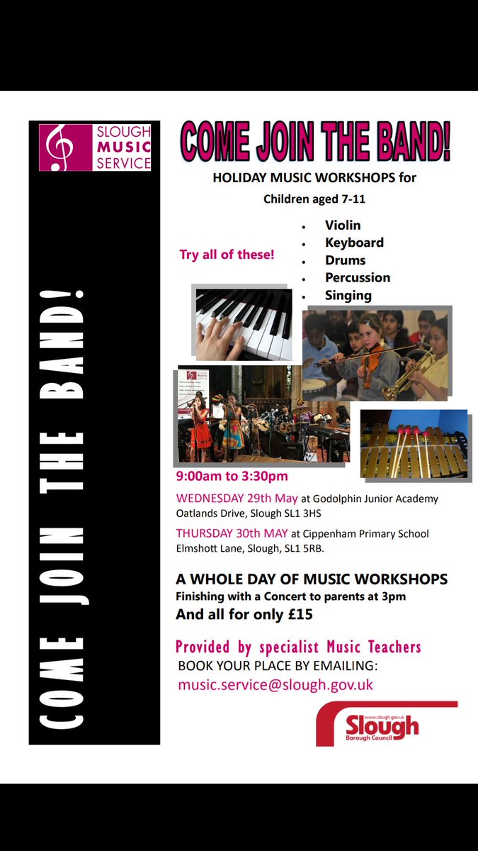 Don't forget to register for our May half term music workshops! Email music.service@slough.gov.uk for more info