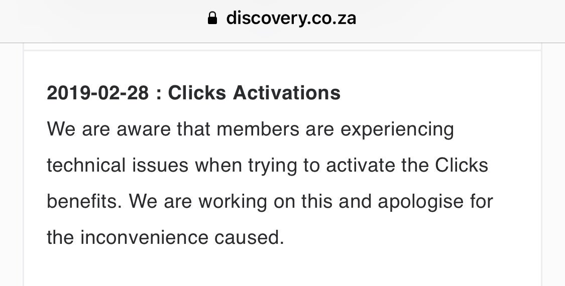 dinovgomes's tweet photo. @Clicks_SA activation on @Discovery_SA still an issue. Surely after 3 months this issue should’ve been resolved? Will I lose my benefits? Why is there no issue with the @Dischem activation? #healthycare #benefits #notcool https://t.co/cRcJ9auYMU