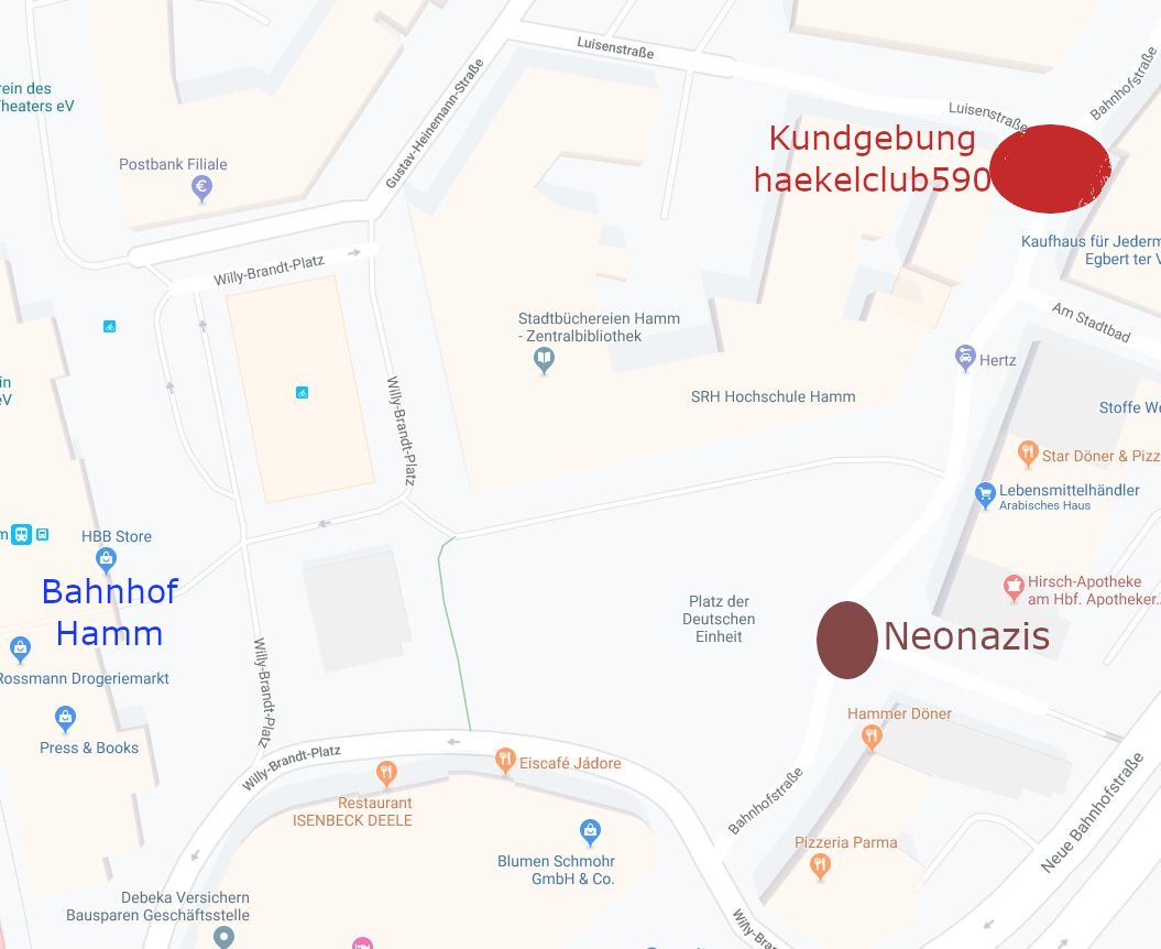 haekelclub5901's tweet photo. Da die @Polizei_nrw_ham Gegenprotest nicht in der Nähe der Nazis haben möchte und denen den roten Teppich ausrollt, mussten wir unseren Kundgebungsort verschieben.
Wir sind ab 18:30 Uhr auf der Bahnhofstraße Höhe Luisenstraße. 
Alle zusammen gegen den Faschismus!

#hamm #ham2505 https://t.co/N59hWh6fY8
