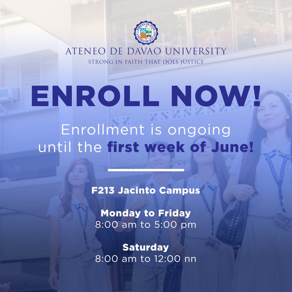 ADDU_Official's tweet photo. ENROLL NOW! | We are still accepting enrollees until the first week of June, so visit us now at F213 from Monday to Saturday and begin uour colorful student life with us! 

Don’t delay, enroll today!

#ILoveAdDU
#ChooseAdDU https://t.co/wSNfG1jbqG