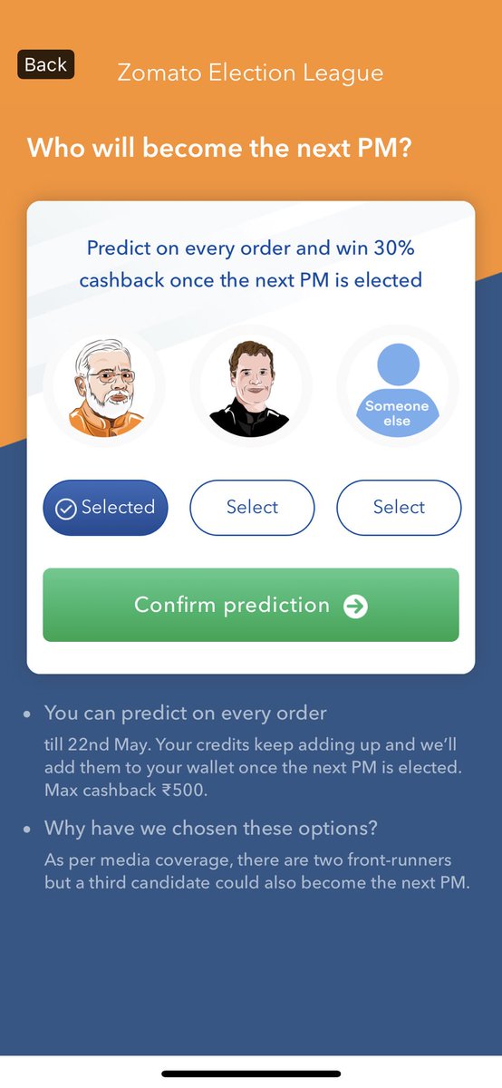 shivamujoshi's tweet photo. A great way to engage customer with your product. Election Mania. #Zomato https://t.co/x1dYzg8HqF
