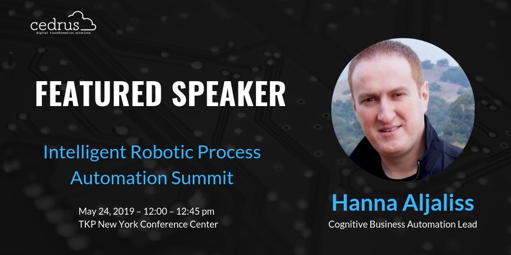 Don't miss <a href="/HannaAljaliss/">John</a>'s session this Friday at the Intelligent RPA Summit where he will discuss how to leverage #Cognitive #Automation (#AI &amp; #RPA) to streamline the intake and processing of unstructured data. bit.ly/2WMdlOo #unstructureddata #artificialintelligence