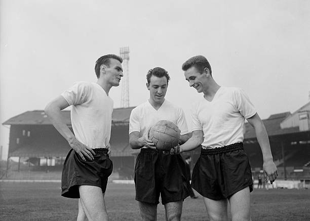 Edwin Holliday, Jimmy Greaves and Brian in training for England at Stamford Bridge prior to their match against Wales in the British Home Championship tournament in October 1959. #ENG