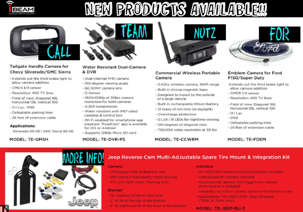 TeamNutz's tweet photo. Give us a call for these New Products Available by iBeam!
https://t.co/rl8iWJFcjT
#teamnutz #pittsburgh #iBeam #cameras #vehiclespecific #commercial #backup #jeep #ford #chevy https://t.co/VhLrAksh5o