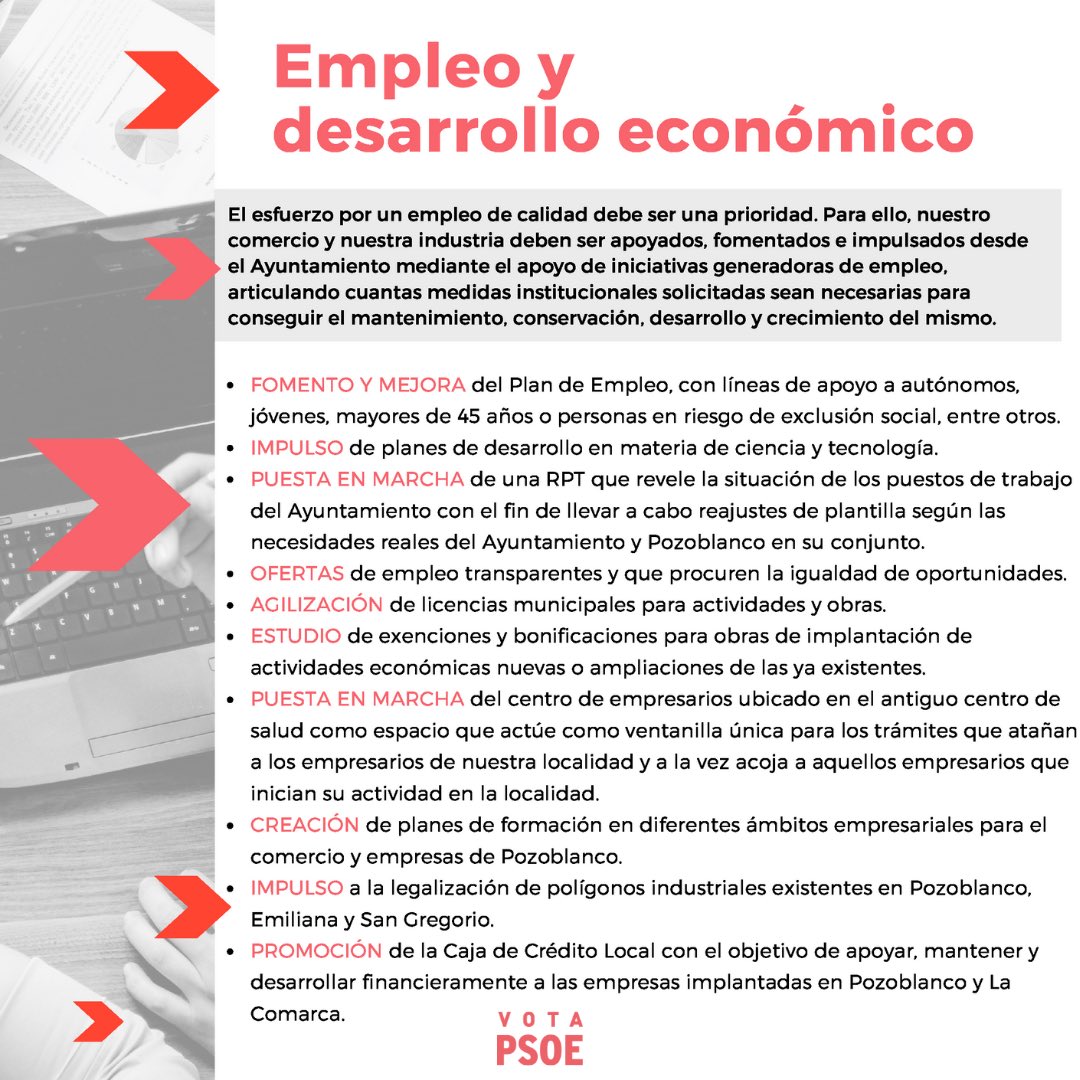 PsoePozoblanco's tweet photo. La creación de empleo de calidad en Pozoblanco es una de las bases de nuestro programa. Irá de la mano  de una serie de iniciativas generadoras del desarrollo económico que necesita nuestro pueblo para potenciar su comercio y su tejido empresarial e industrial. https://t.co/Qq2HGtZxaI