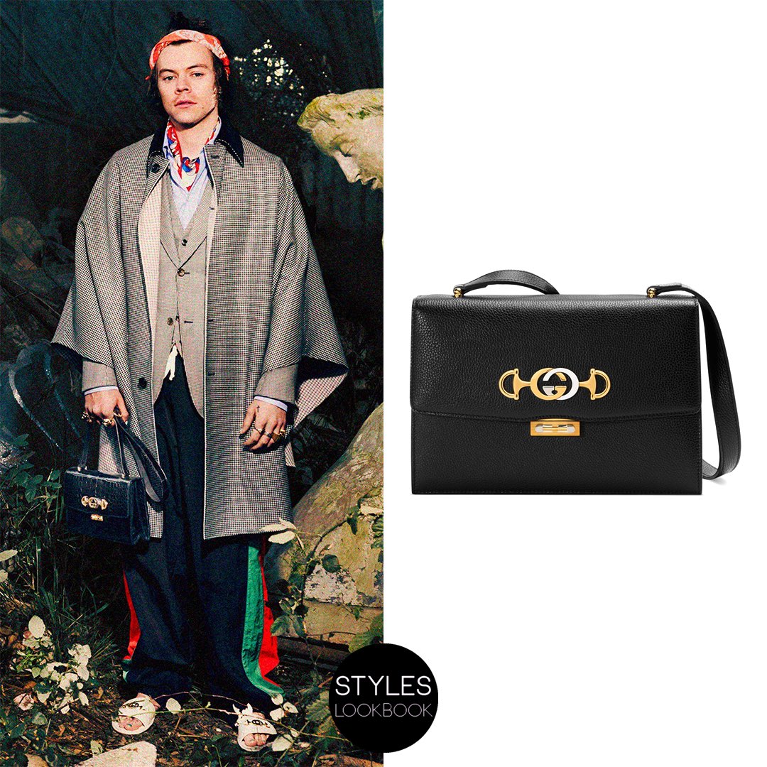 Harry Styles Lookbook on X: In this shot, Harry is holding a #Gucci Zumi  shoulder bag ($2,980) in black grainy leather featuring shiny gold- and  silver-toned hardware and interlocking G Horsebit.