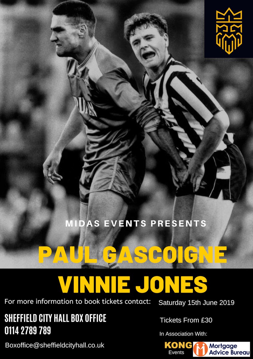 SheffCityHall's tweet photo. ❗ New Seats Released ❗

We've been able to release some great new tickets, VIP and photo packages for An Audience with @VinnieJones65 and @Paul_Gascoigne8 on 15th June!

Book your evening with two of sports' most colourful characters at https://t.co/hAH4bV0bwt