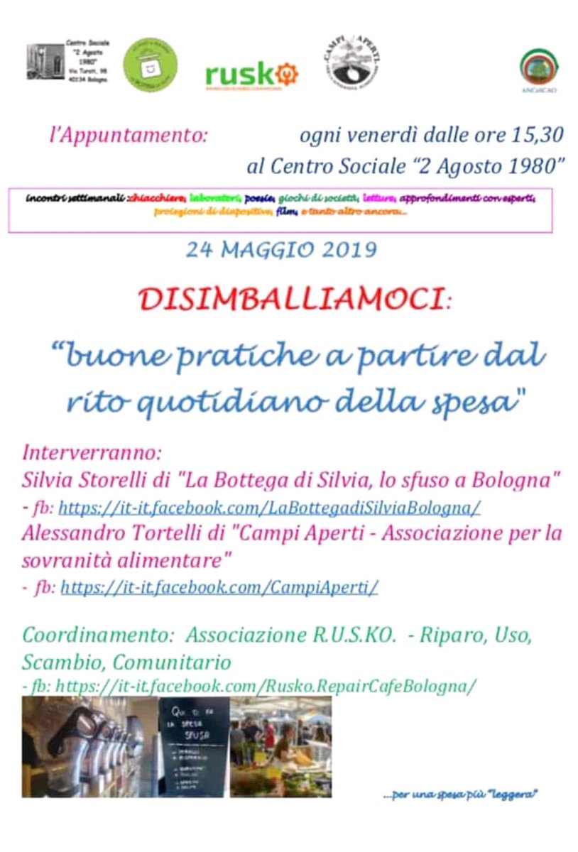 Disimballiamoci - si parlerà di buone pratiche quotidiane  
Venerdì 24 maggio ore15.30 #Centrosociale  2 agosto a #Bologna
 by <a href="/RuskoRepair/">Repair Cafe Bologna</a>