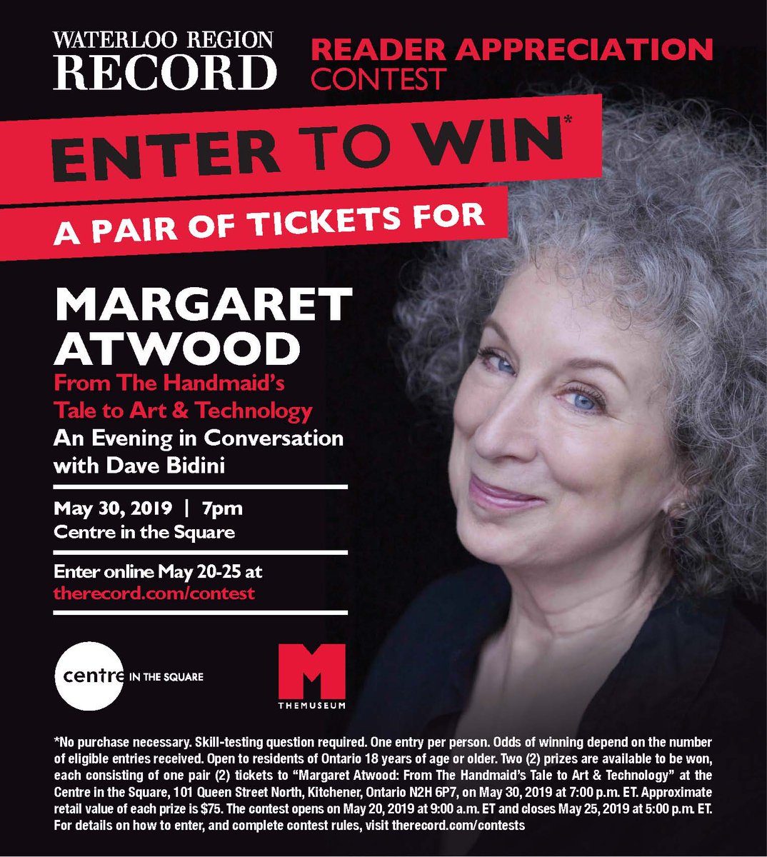 Enter to win a pair of tickets to see Margaret Atwood at <a href="/Centre_Square/">Centre In The Square</a> on May 30th! More details below: bit.ly/2VYyqJz