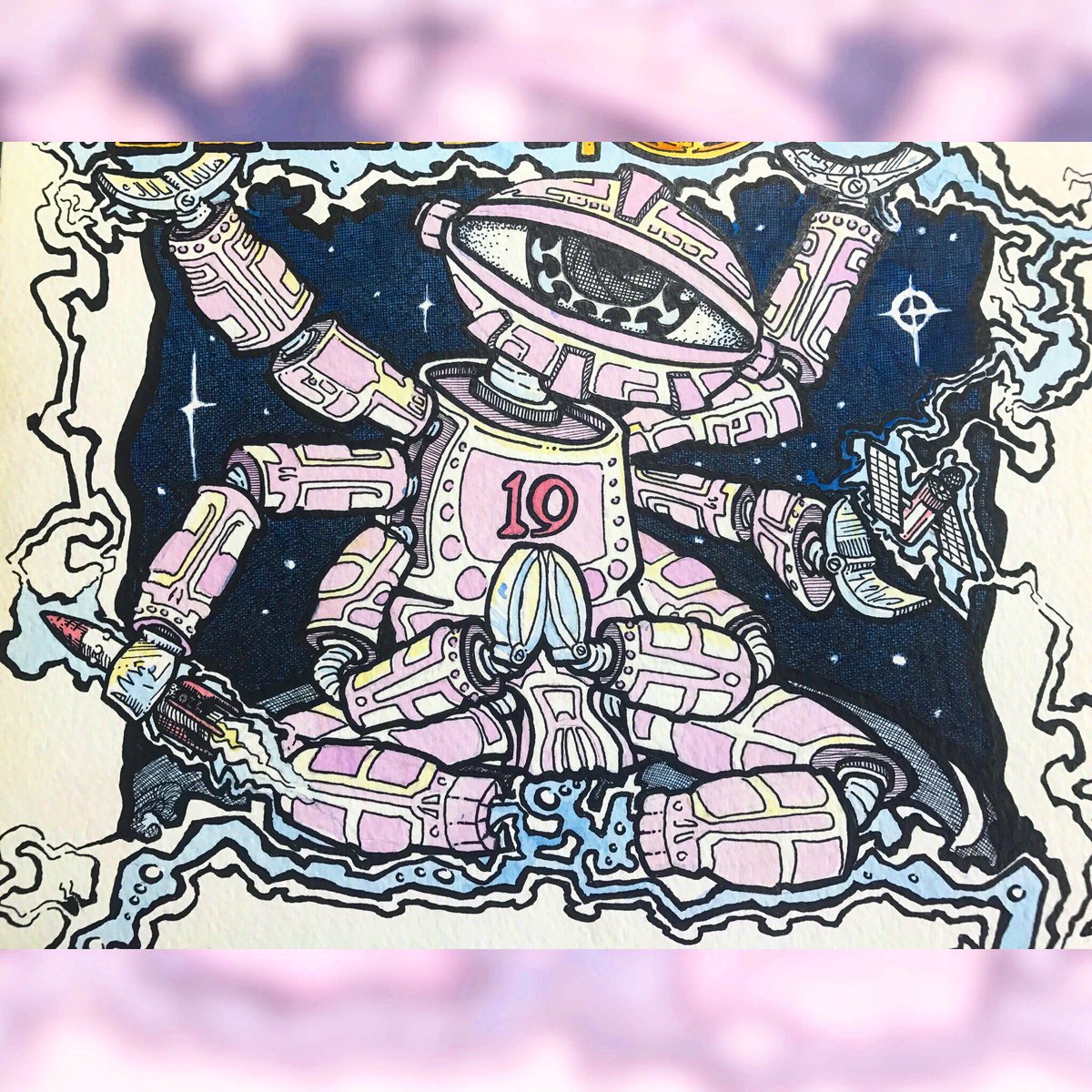 MarxRobby's tweet photo. A detail from a #watercolor and #PenandInk piece I came across digging in the flat files. #theRobotsAreComing #futique #drawing #painting #futureprimative #art #arte #loveandrockets #globosatelite #AI #lifeform #peoplezoo #eyeinthesky #frankenstein enjoy the day out there! 🔥😎🔥 https://t.co/QvHdt8Kf0y