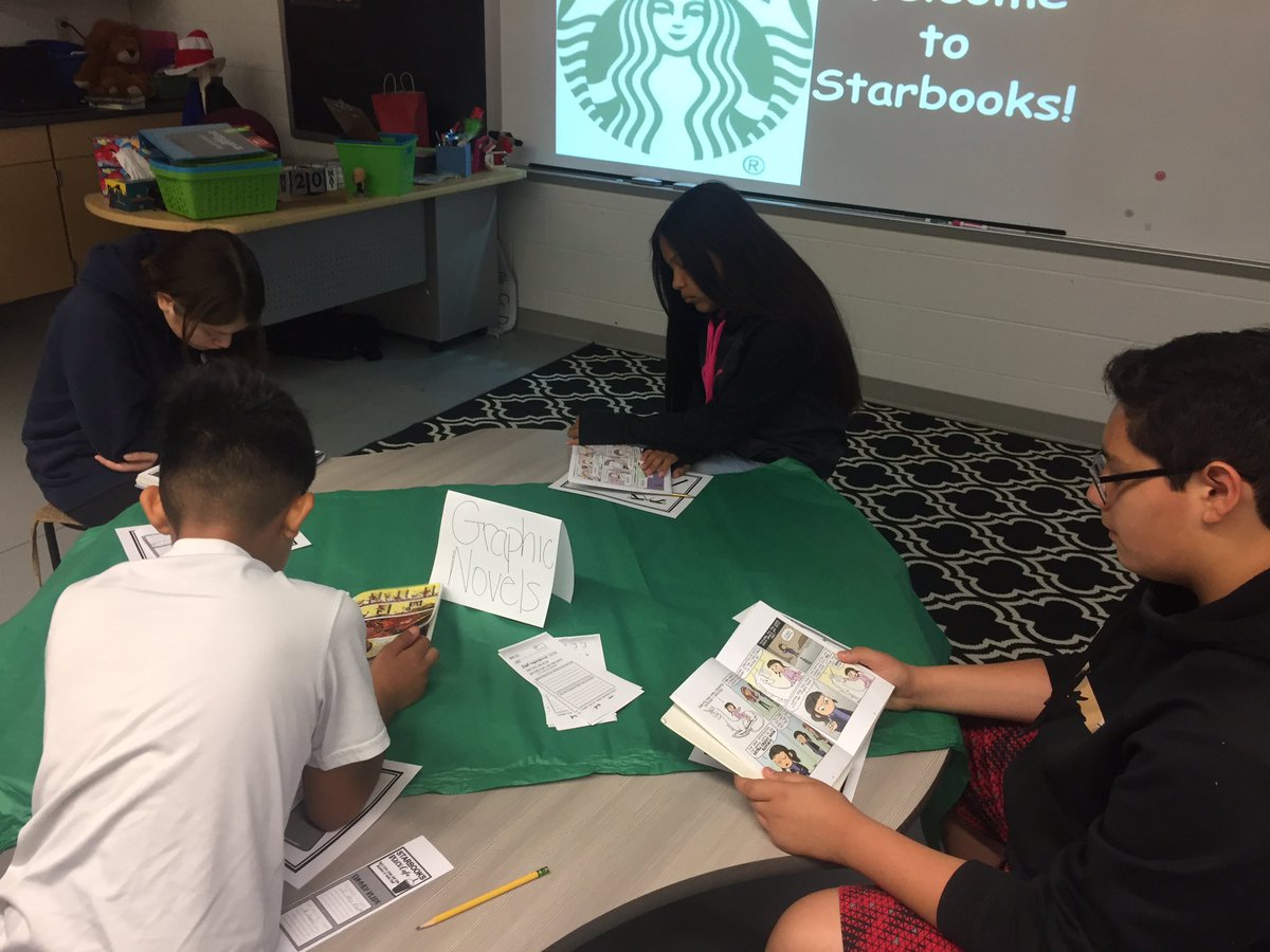 AngJohnson9's tweet photo. @ABStrawn Starbooks Cafe! 5th grade book tasting to gear up for summer reading with middle school level text. @Ms_Domingues #ABSProud #LockhartLeading https://t.co/HndbAeDOMK