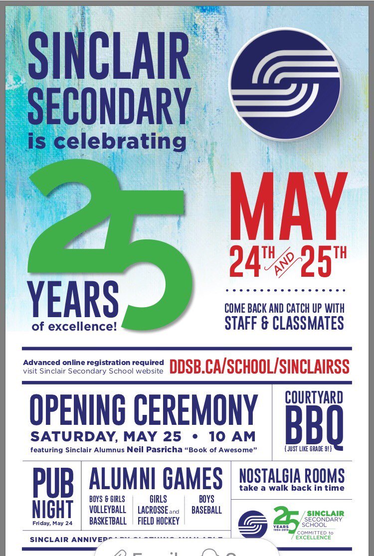 REUNION WEEK - Come celebrate Sinclair’s 25th Anniversary this weekend!

Pub night and Alumni Volleyball on Friday!

Opening Ceremony, Nostalgia Rooms, Club Areas, BBQ, Alumni Games and Arts Showcase on Saturday! 

Follow us on Facebook for more details! 
#sinclair25th