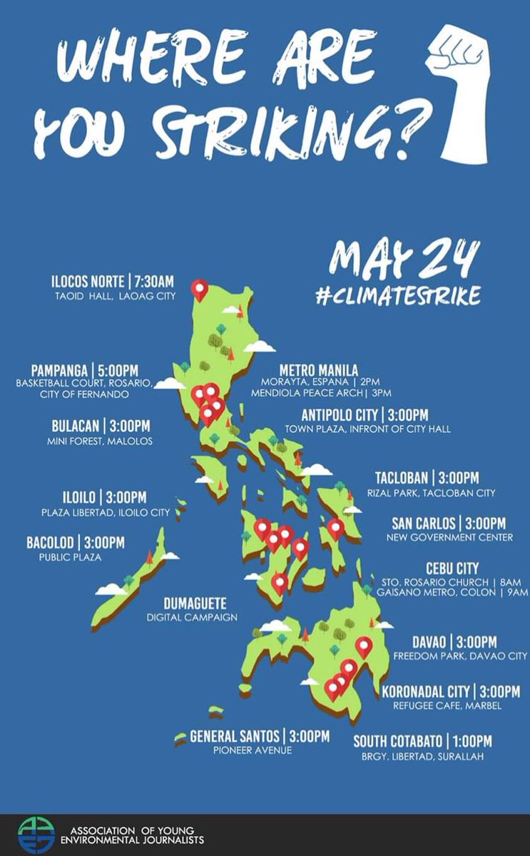 XrPinas's tweet photo. The Association of Young Environmental Journalists of the Philippines is putting up 15 #ClimateStrike points this 24th of May across the country. Where are you striking? ✊🏽🌏

#RebelForLife
#FridaysForFuture

Material made by @Javan_Lev for #AYEJ. https://t.co/S9O1XdNi9O