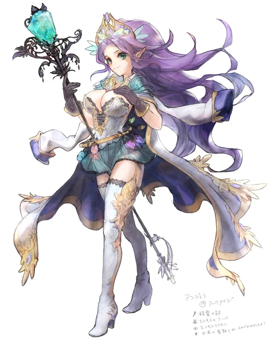 聖剣3アンジェラ王女アークメイジ勝手にイメージ図だよ、杖は攻略本のイラスト(好き)をアレンジしてみたよ、レインボーダスト使いさんなので多属性の石を持ってるふうにしてみたよ 