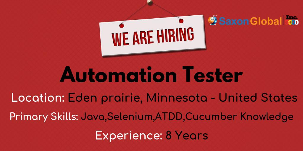 saxon_ai's tweet image. Hey all #automationtesters, we are looking for you. We have a good #opportunity for automation tester for the Eden Prairie, Minnesota - United States location. For the #JobDescription and other details click on the link: bit.ly/2LXAmgH #hiringalert #hiring #hiringnow