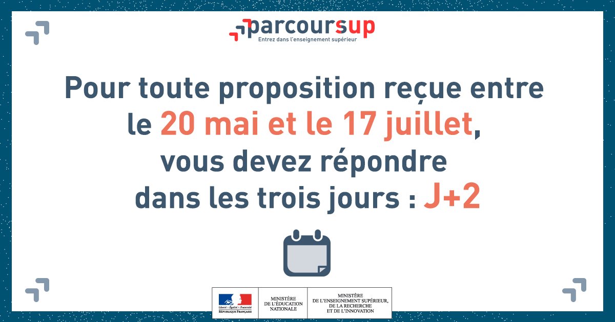 parcoursup_info's tweet photo. 🗓️ Nouveau délai de réponse sur #Parcoursup. 

Désormais, vous disposez de 3 jours pour répondre à vos propositions d'admission : Jour de la réception de la proposition + 2 jours.
 
+ d'infos : https://t.co/8XZdDDsiJY https://t.co/LoRAK6MTLO