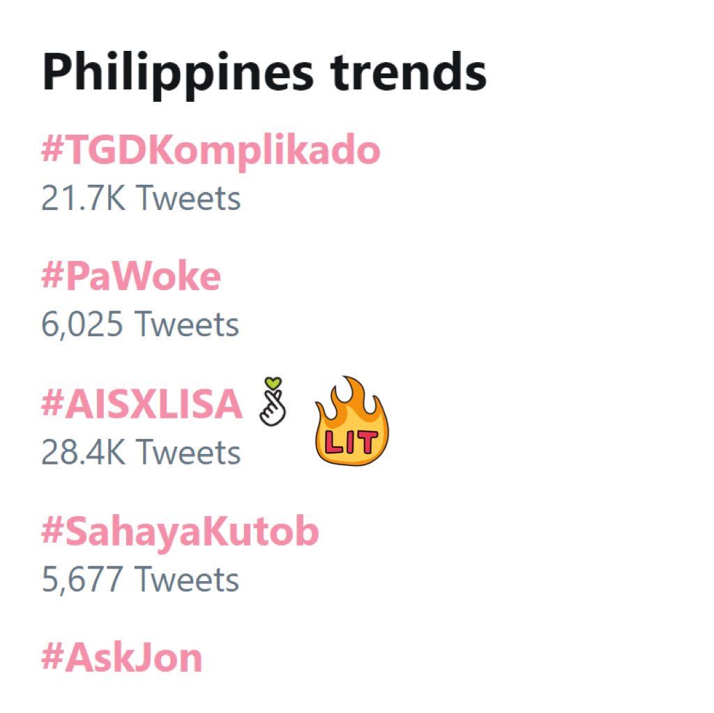 LisaChartData's tweet photo. #LisaChartData on TWITTER as of 2019.05.21

🇵🇭 PHILIPPINES TRENDS NOW!

🥉 No.3 ~ #AISXLISA (28.4K Tweets)

#LALISA #LISA
#BLACKPINK 
@ygofficialblink
@AIS_Thailand https://t.co/xFN4g6hh9c