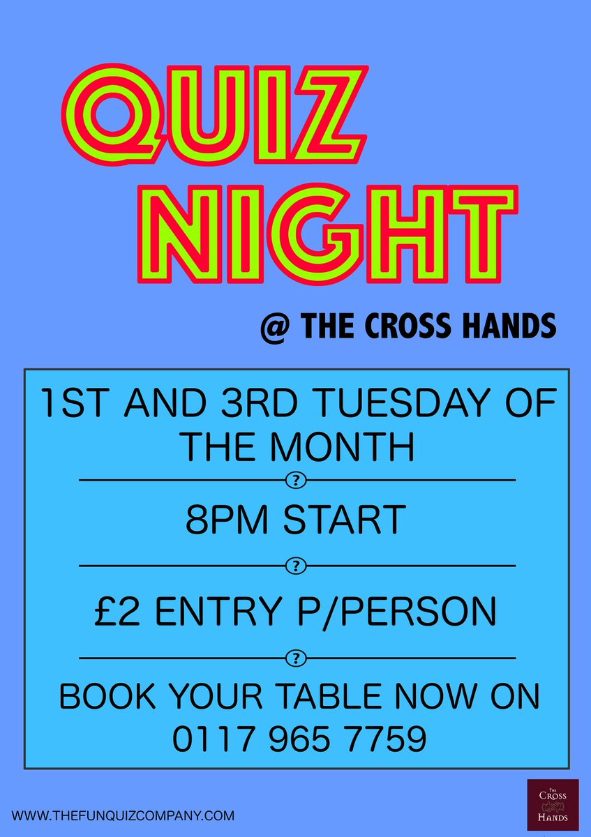 FunQuizCompany's tweet photo. The 3rd Tuesday of the month can only mean one thing at @crosshandsbris and that is quiz night!

There is a £20 bar tab for the winning team as well as the chance to win the jackpot prize…

@blindside_UK is the man with the mic tonight https://t.co/slv7FAQZOw