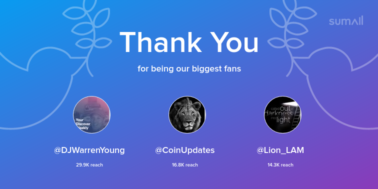Our biggest fans this week: DJWarrenYoung, CoinUpdates, Lion_LAM. Thank you! via sumall.com/thankyou?utm_s…
