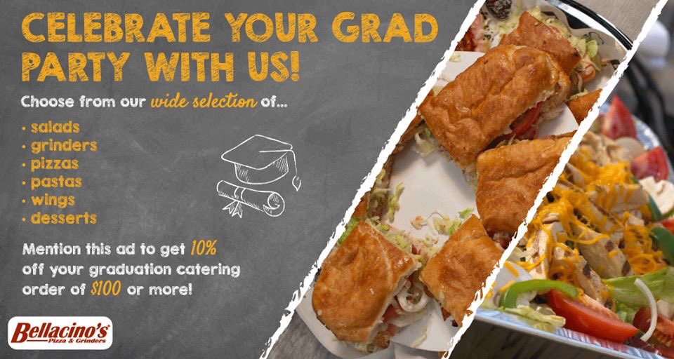 Celebrate your GRAD PARTY with us! 🎓

Choose from our large selection of salads, grinders, pizzas, pastas, wings &amp; even desserts! 😋

Better yet, mention this ad to get 10% OFF your catering order of $100 OR MORE! 💸