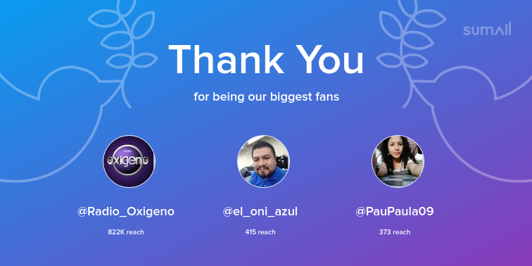 Redmanchavez's tweet photo. Our biggest fans this week: Radio_Oxigeno, el_oni_azul, PauPaula09. Thank you! via https://t.co/SXEK4F8sbm https://t.co/JRpaE3CwZX