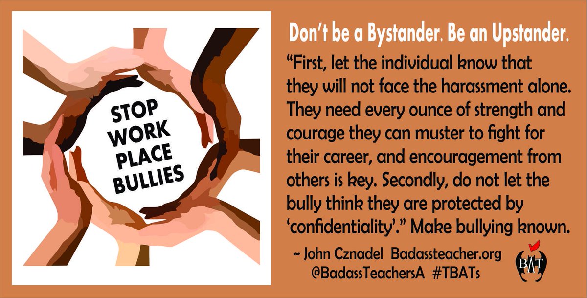 KentuckyBATs's tweet photo. "To eradicate workplace bullying from your place of employment, do something, get involved. Show support to the target while letting the bully know their behavior will not be tolerated." Be an #Upstander. Not a Bystander. #TBATs #QWLBATs #Bullying
https://t.co/TPRB0WXLYR https://t.co/eafzcP9RVB