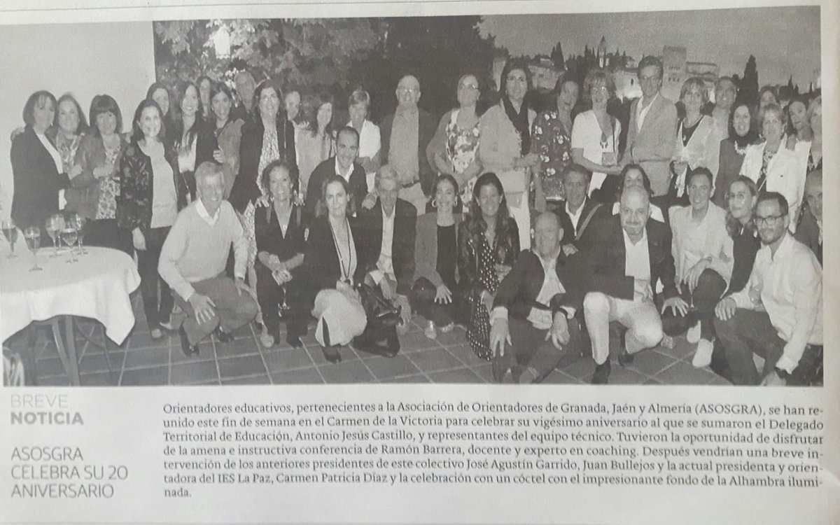 ASOSGRA's tweet photo. 20-05-2019 Hoy en @ideal_granada @IDEALENCLASE Artículo de la celebración del #XXAniversarioAsosgra ¡Gracias por visibilizar la #OrientaciónEducativa y el trabajo de #Asosgra durante dos décadas @EquipoTcnico @Tuitorientador https://t.co/2DyOLDNM5d