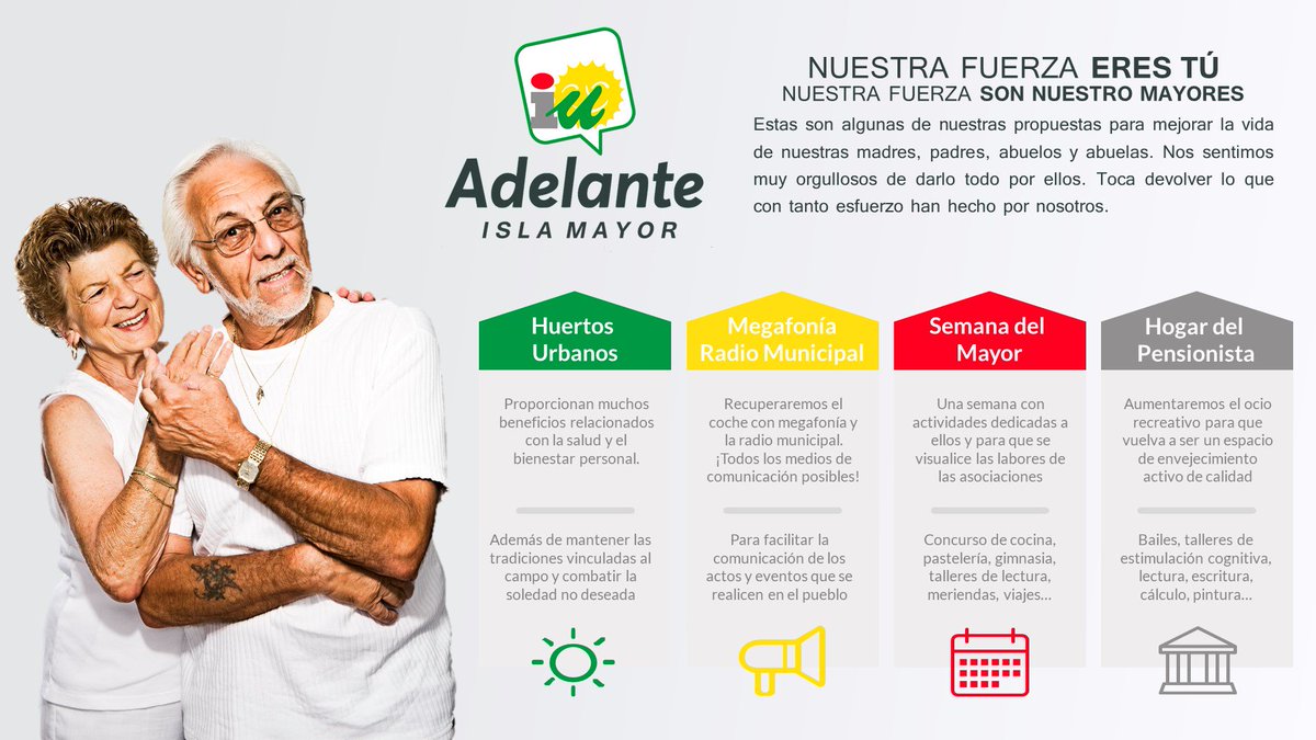 AdelanIslaMayor's tweet photo. Hoy, te volvemos a mostrar las propuestas que hemos pensado y debatido trás muchas reuniones con asociaciones y vecinos para nuestros mayores. 

#NuestraFuerzaEresTú https://t.co/hqwhjZINcz