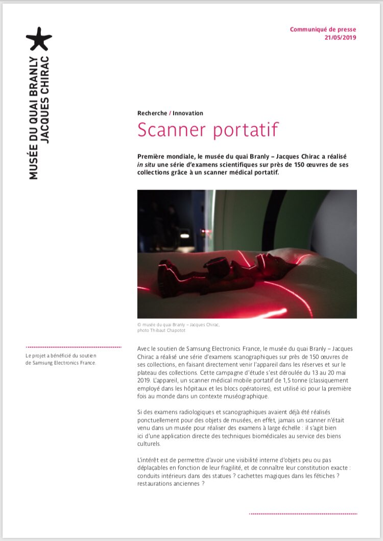 doctroptard's tweet photo. Première mondiale : le @quaibranly a réalisé sur place une série d’examens scientifiques sur 150 œuvres de ses collections grâce à un scanner médical portatif @SamsungFR https://t.co/FRLhBl65dP