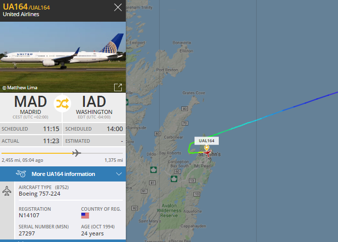 NikPhillips666's tweet photo. United Airlines #UA164 out of Madrid to Washington has diverted to St. John's https://t.co/2hTj4s7I5E