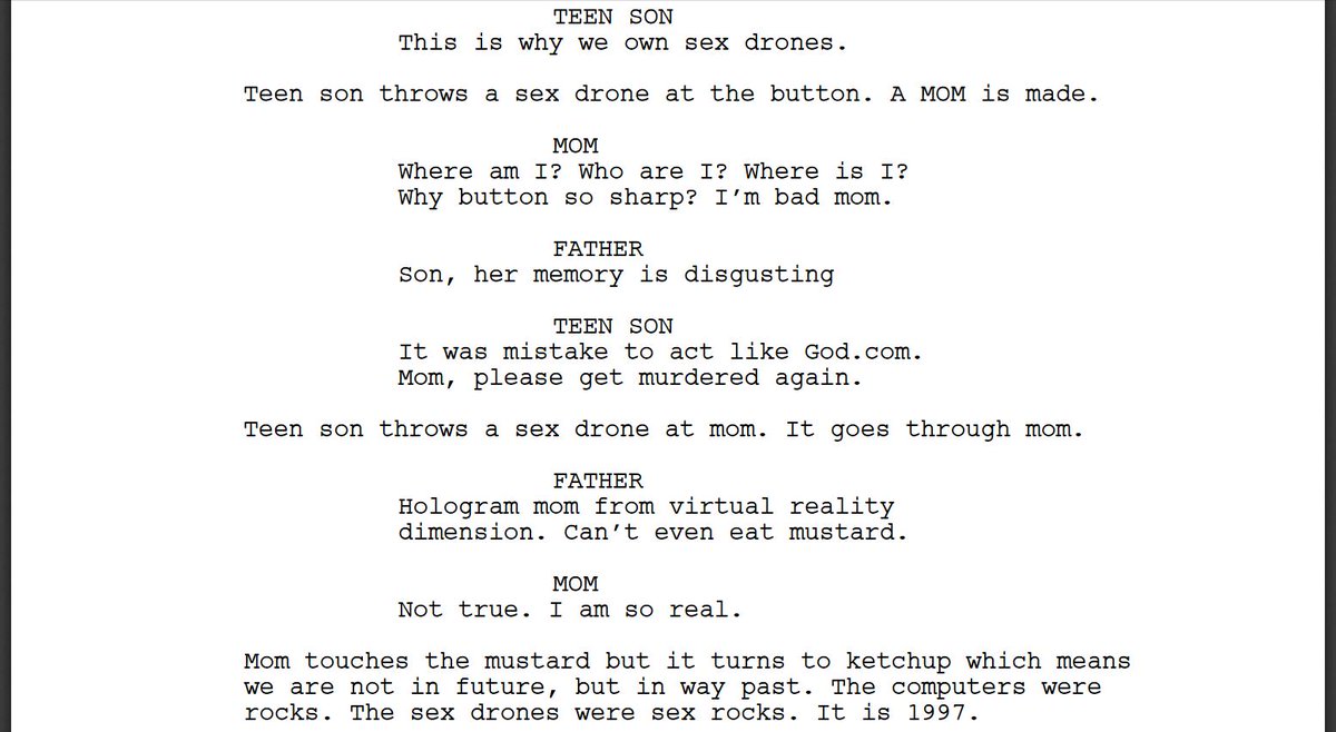KeatonPatti's tweet photo. I forced a bot to watch over 1,000 hours of Black Mirror and then asked it to write an episode of Black Mirror of its own. Here is the first page. https://t.co/u7al92Y0RC