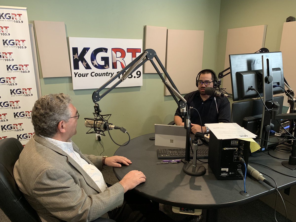 justinnmsu's tweet photo. Had an opportunity to hang out with @NMSUPrez John Floros and our friends at the Adams radio group this morning. Thanks to Ernesto, Mason, Jackie and Joey and everyone else. @KGRT1039 @BigShowFM @ClassicRockLC https://t.co/2z44apGyyu