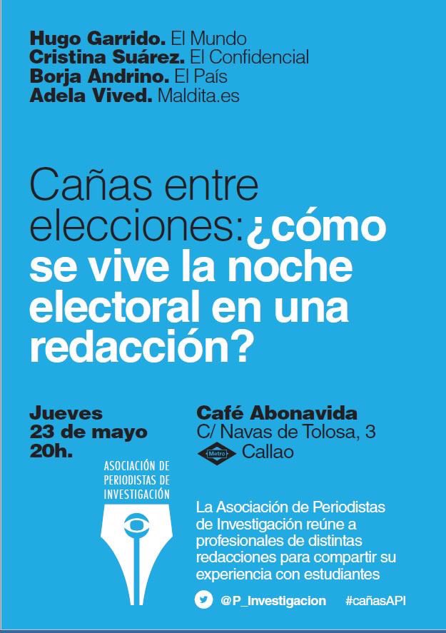 No os olvidéis, es pasado mañana y a solo 3 días del superdomingo electoral!! #CañasAPI con estudiantes sobre cómo se vive una jornada electoral en las redacciones de <a href="/elconfidencial/">El Confidencial</a>, <a href="/el_pais/">EL PAÍS</a>, <a href="/elmundoes/">EL MUNDO</a> y <a href="/maldita_es/">Asociación Maldita</a>, con <a href="/hgrosado/">Hugo Garrido</a> @CristinaSuarezv <a href="/AdelaVived/">Adela Vived</a> y Borja Andrino
