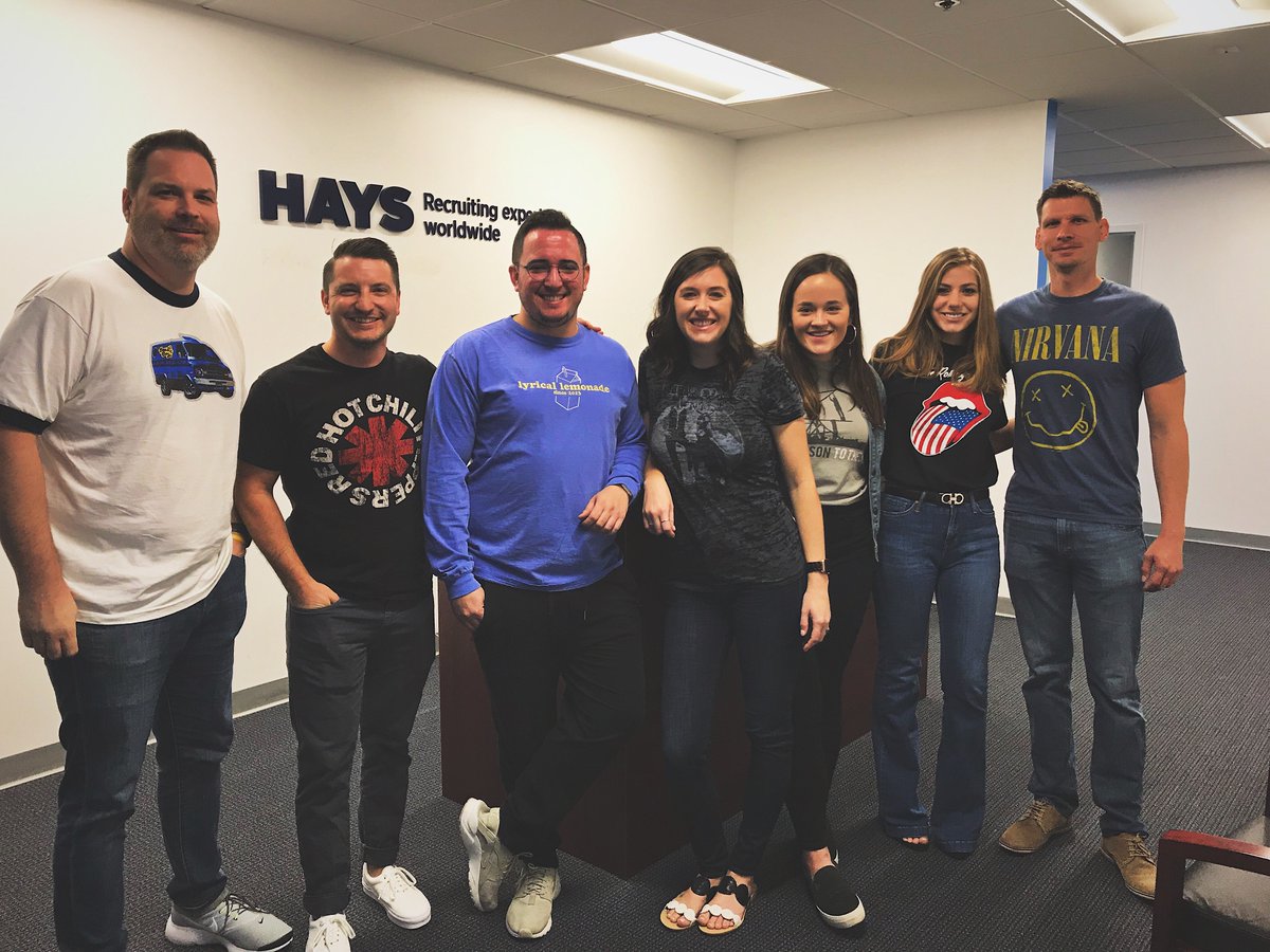 HaysUSCareers's tweet photo. Our #Orlando team had a lot of fun at their "Favorite Band T-Shirt Day" last #Friday. Looking forward to see the theme for this week! Which band is your favorite? #WorkingAtHays #WeAreHays https://t.co/ACU4bP0qpC #bands #nirvana #redhot #rollingstones #jobseeker #jobsearch https://t.co/4Wt1XeJzaC