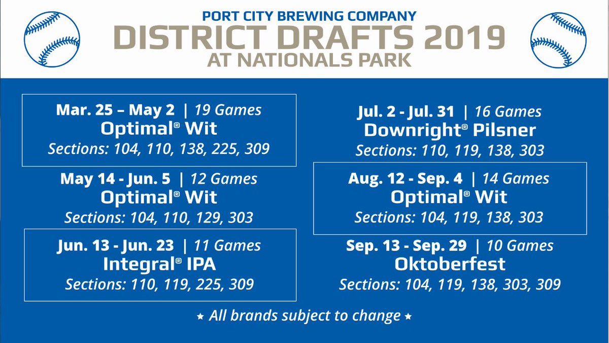 PortCityBrew's tweet photo. Looking for a PCBC pint at the @Nationals game? You can find #OptimalWit at the #DistrictDraft cart in sections 104, 119, 138 and 303 🍻☀️⚾️ #drinklocal https://t.co/BSpzPlCraF