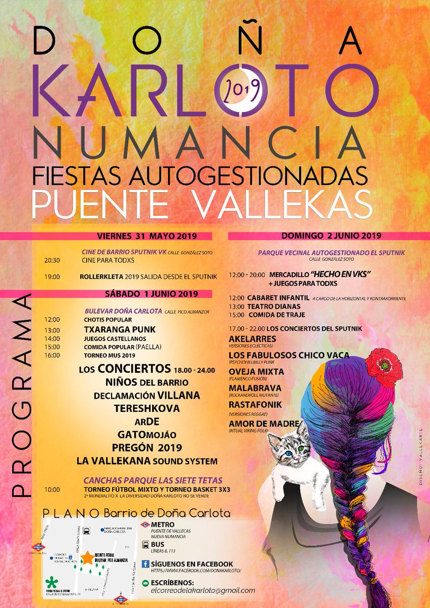 Pues ya tenemos el CARTELACO de #DoñaKarloto, 2° año de las fiestas autogestionadas de Puente de Vallekas 👇

Cine, <a href="/RollerKletaVK/">RollerKletaVK</a> , conciertazos con <a href="/LVK_SOUNDSYSTEM/">LA VALLEKANA</a> y otros, cabaret, actividades para peques y muchas cositas buenas para construir barrio ✊

📌 Viernes 31M - D2J