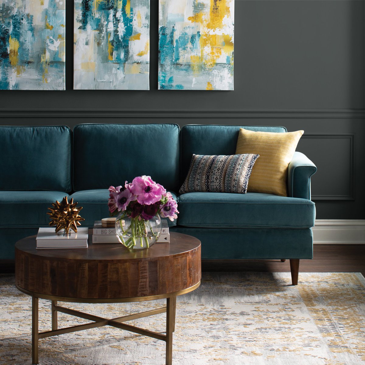 WayfairPro's tweet photo. Do you have a client who just loves some drama (in their living room)? Shop this moody look here: https://t.co/whYxn3CewV #wayfairprofessional #livingroom #wayfair #interiordesign #moody #teal #darkcolors #decor #livingroomdesign #flowers #couch #sofa https://t.co/uVgasbxflC
