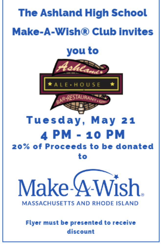 MrsShielsAHS's tweet photo. Admit it.  You don’t want to cook tonight!! It’s a great night to eat out and support an amazing cause.  Help us kick off the fundraising for Wish #5. Ashland Ale House is donating 20% of ALL food profits.  A yummy bonus. See you there https://t.co/0AXGhvWA7p