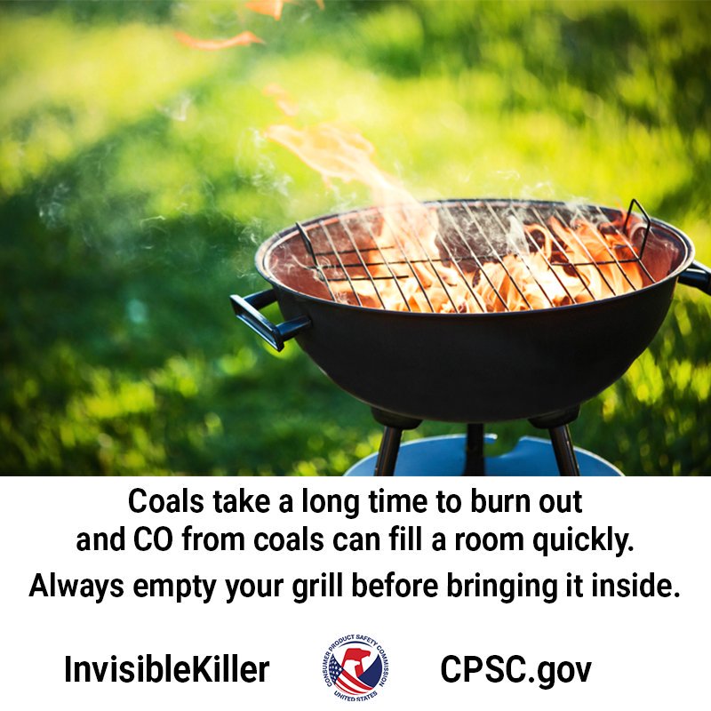 A barbecue grill. The text reads: coals take a long time to burn out. Be sure your coals are fully extinguished before bringing your grill inside.