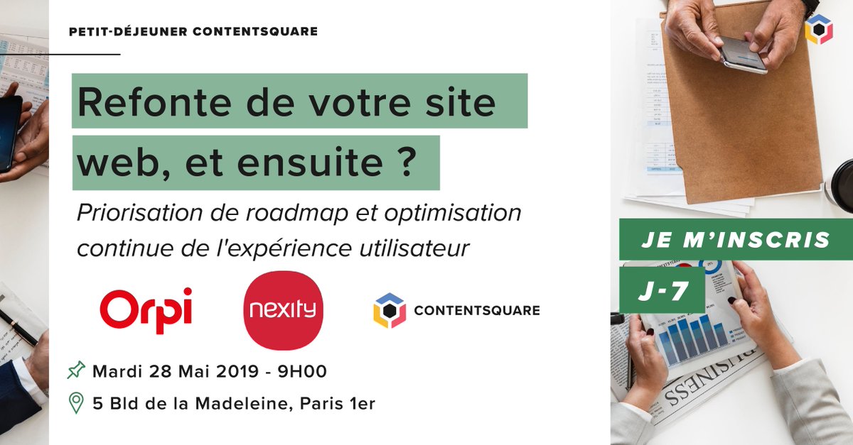 ContentSquareFR's tweet photo. ⏳!! J-7 !!⏳
1 petit dej + 4 experts : @orpi et @nexity témoigneront sur la refonte et la personnalisation de la page d'accueil ainsi que du header pour augmenter l'atteinte de pages cibles.
Dernières jours pour s'inscrire !
#petitdejCS #Conversion #refonte https://t.co/K3PwdAKorb